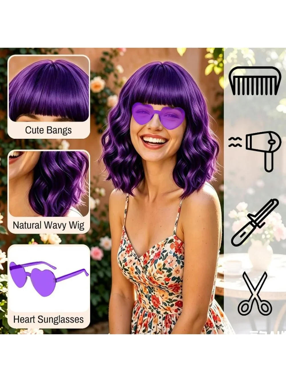 Women's Dark Purple Curly Bob Synthetic Wigs Bangs With Neon Heart Sunglasses